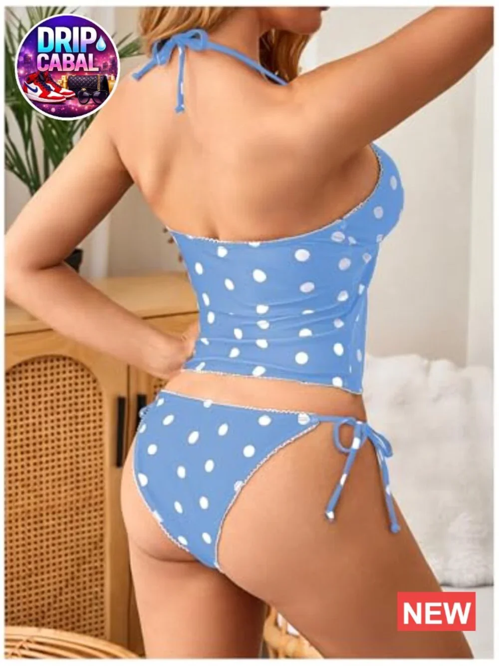 Women's Halter Tankini Swimsuits 2 Piece Polka Dots Bikini Set Tie Backless